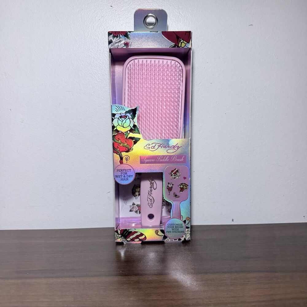 Ed Hardy Pink Square Paddle Brush Custom Stickers NEW In Box